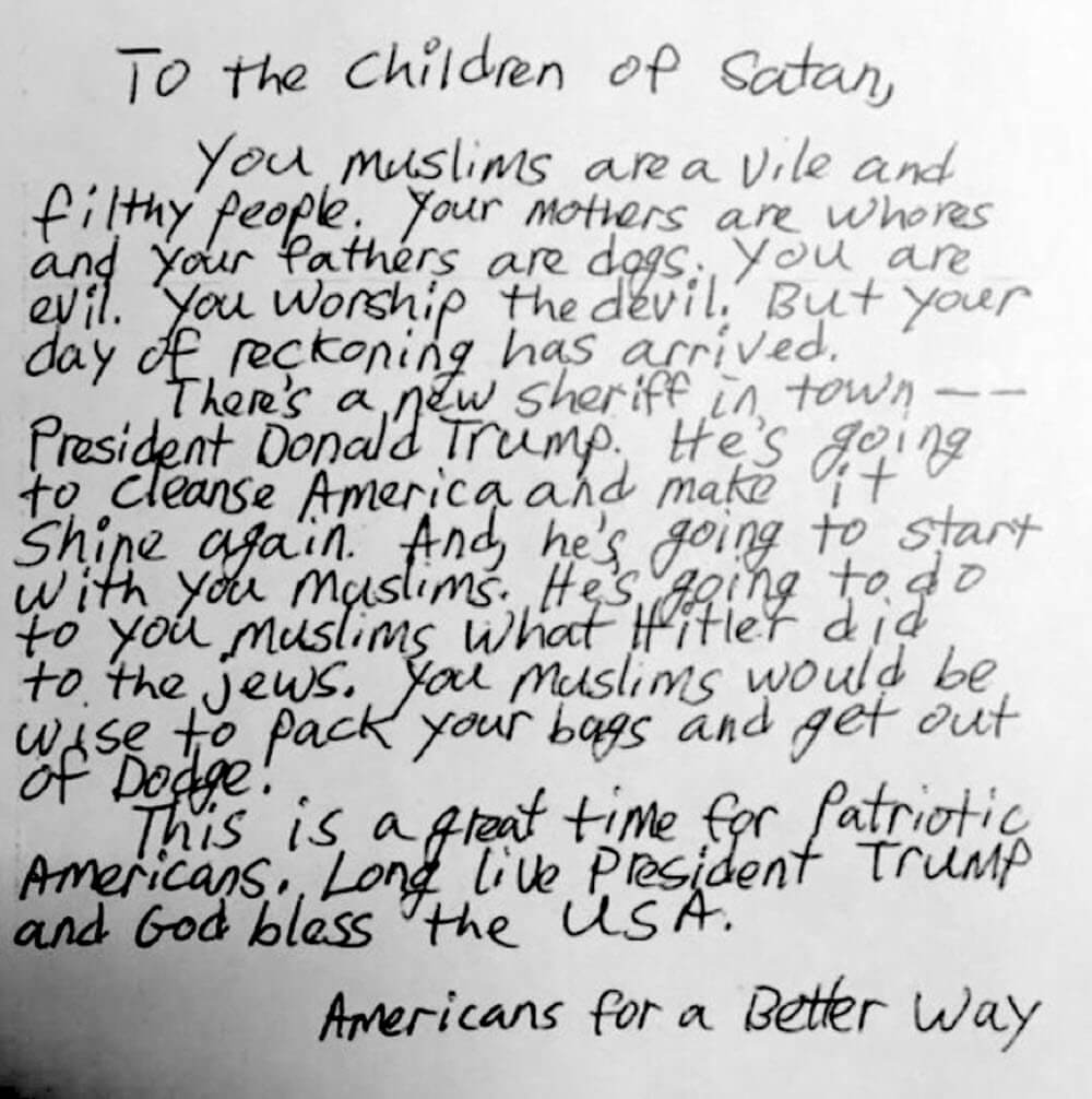 US mosques receive hate letter