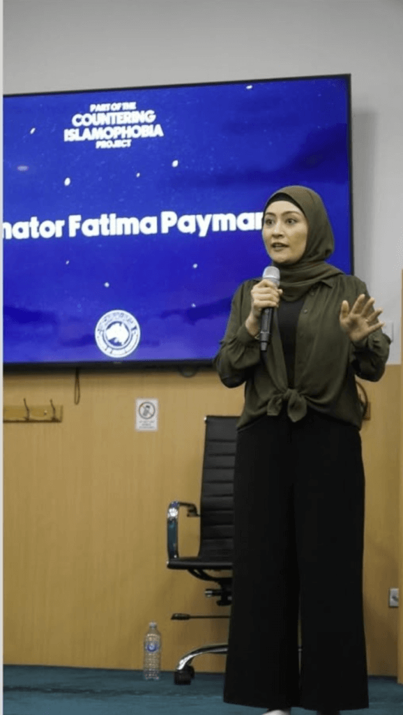 Senator Fatima Payman giving a speech at Virgin Mary mosque