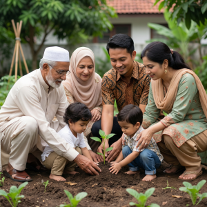 3 generations within a family - a Pakistani grandfather in traditional clothing, a Pakistani grandmother in traditional clothing, an Indonesian father in a traditional Indonesian shirt, a Pakistani mother with her hair unveiled but tied back and wearing a shalwar khamis, and two young biracial sons, all planting a seedling in the earth.