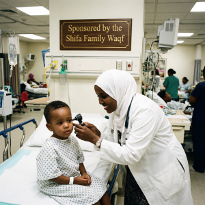 Scene of a hospital ward. In the foreground is a small child sitting on the bed having his ear examined by a Somali doctor. The sign above the bedhead reads: Sponsored by the Shifa Family Waqf.